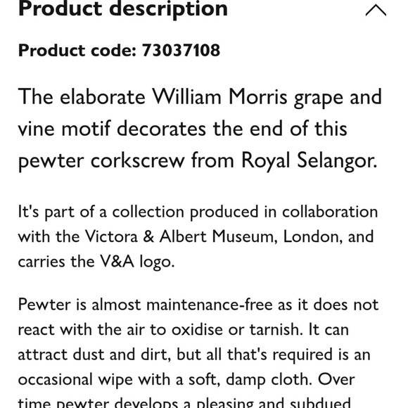 NIB Royal Selangor Victoria and Albert Museum William Morris Pewter Corkscrew - Picture 2 of 12
